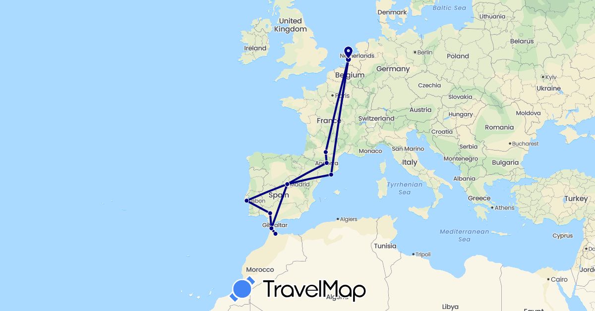 TravelMap itinerary: driving in Andorra, Spain, France, Morocco, Netherlands, Portugal (Africa, Europe)